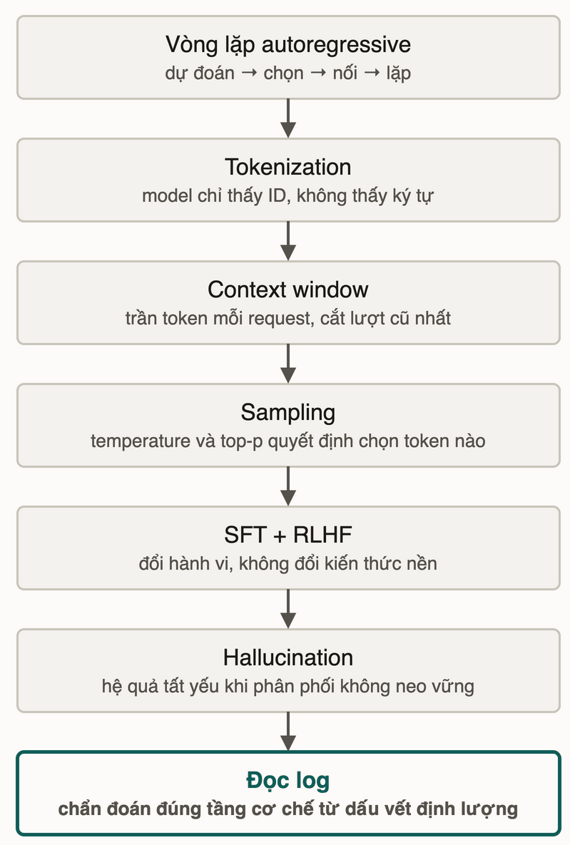 Chuỗi kiến thức module: vòng lặp autoregressive, tokenization, context window, sampling, SFT cộng RLHF, hallucination, đọc log