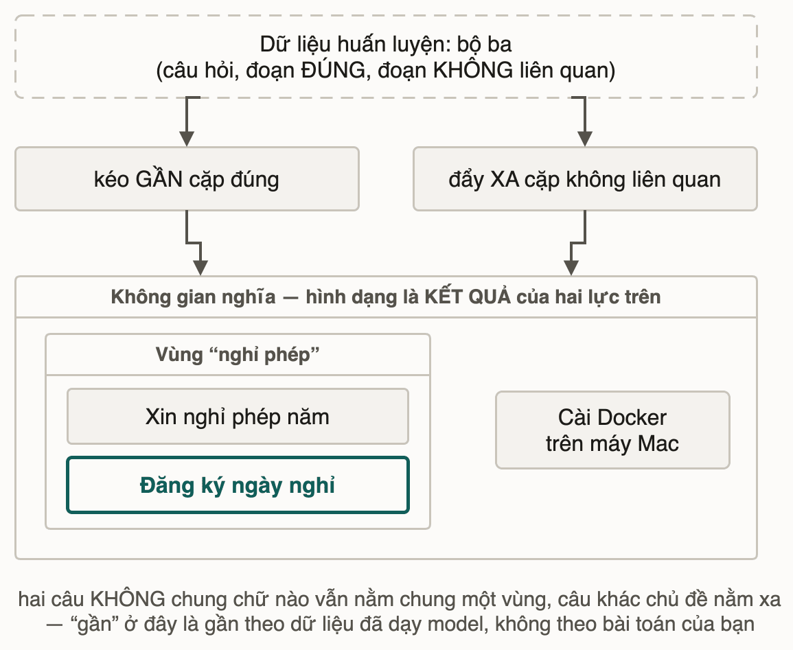 Hai lực kéo gần và đẩy xa lúc huấn luyện tạo ra không gian nghĩa: hai câu cùng ý nằm chung một vùng, câu khác chủ đề nằm xa