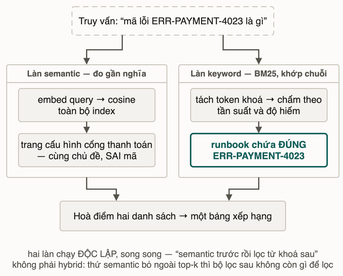 Cùng một truy vấn chứa mã lỗi đi vào hai làn song song: làn semantic trả về trang cùng chủ đề nhưng sai mã, làn keyword BM25 trả về đúng runbook chứa mã đó; hai danh sách được hoà điểm thành một bảng xếp hạng