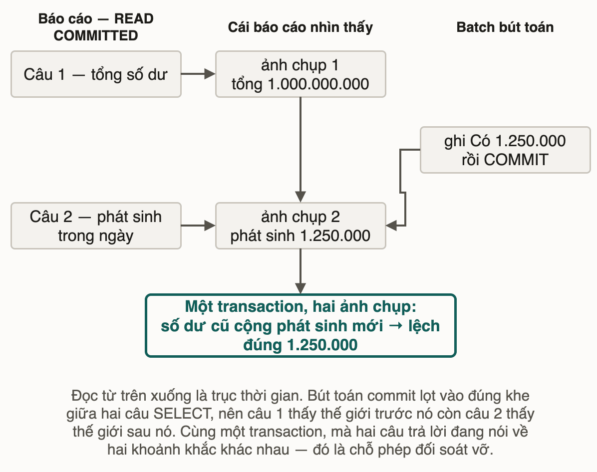 Ba cột theo trục thời gian: báo cáo, ảnh chụp mà báo cáo nhìn thấy, và batch bút toán chen vào giữa hai câu SELECT