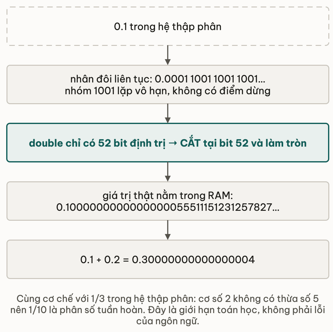 Dây chuyền sinh sai số của 0.1: từ 0.1 thập phân, nhân đôi liên tục ra nhóm bit 1001 lặp vô hạn; double chỉ có 52 bit định trị nên cắt tại bit 52 và làm tròn; giá trị thật trong RAM là 0.1000000000000000055511151231257827; cộng với 0.2 cho 0.30000000000000004