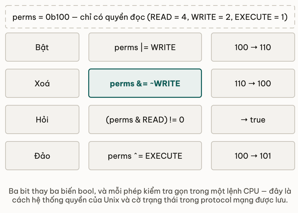 Bốn phép bitmask trên cùng giá trị perms bằng 0b100: bật dùng OR cho 100 thành 110; xoá dùng AND với NOT của mask cho 110 về 100; hỏi dùng AND rồi so khác 0; đảo dùng XOR cho 100 thành 101 — ba bit thay ba biến bool và mỗi phép gọn trong một lệnh CPU