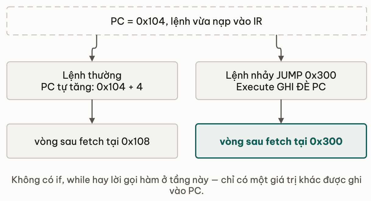 Hai nhánh từ cùng một PC bằng 0x104: lệnh thường để PC tự tăng lên 0x108 nên vòng sau fetch tại 0x108; lệnh nhảy JUMP 0x300 khiến pha execute ghi đè PC nên vòng sau fetch tại 0x300 — không có if hay while ở tầng này, chỉ có một giá trị khác được ghi vào PC