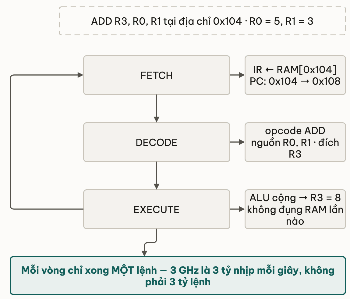 Vòng ba pha fetch, decode, execute của lệnh ADD R3 R0 R1 tại địa chỉ 0x104 với R0 bằng 5 và R1 bằng 3: pha fetch nạp IR từ RAM và đẩy PC từ 0x104 lên 0x108, pha decode đọc opcode ADD với nguồn R0 R1 và đích R3, pha execute cho ALU cộng ra R3 bằng 8 mà không đụng RAM lần nào, rồi quay lại fetch; mỗi vòng chỉ xong một lệnh nên 3 GHz là 3 tỷ nhịp mỗi giây chứ không phải 3 tỷ lệnh