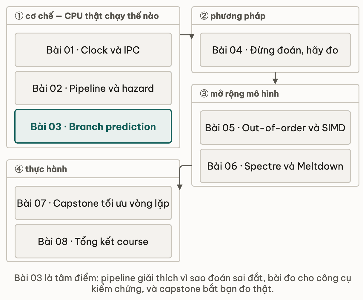 Tám bài của module gom theo bốn vai: nhóm cơ chế gồm clock và IPC, pipeline và hazard, branch prediction; nhóm phương pháp gồm bài đừng đoán hãy đo; nhóm mở rộng gồm out-of-order với SIMD và Spectre với Meltdown; nhóm thực hành gồm capstone tối ưu vòng lặp và tổng kết course — branch prediction là tâm điểm mà các bài khác quy chiếu về