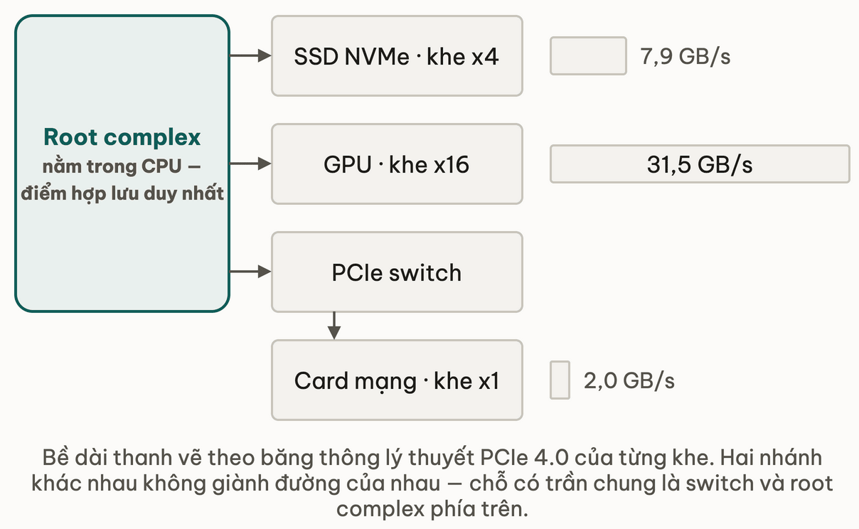 Cay PCIe voi be dai thanh ve theo bang thong ly thuyet cua tung khe