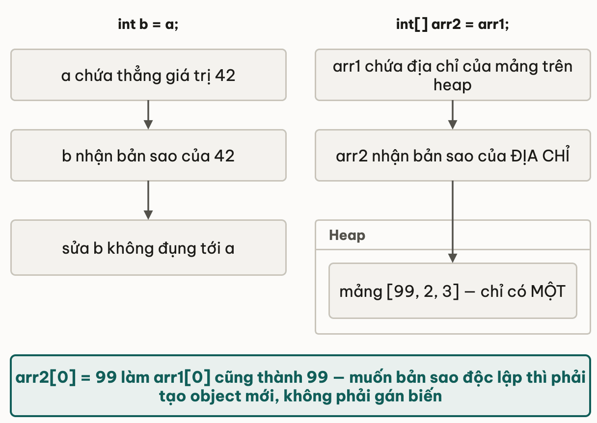 Hai phép gán đặt cạnh nhau: int b bằng a copy thẳng giá trị 42 nên sửa b không đụng tới a; còn mảng arr2 bằng arr1 chỉ copy địa chỉ nên cả hai biến cùng trỏ tới một mảng duy nhất trên heap, đổi arr2 phần tử đầu thành 99 làm arr1 phần tử đầu cũng thành 99