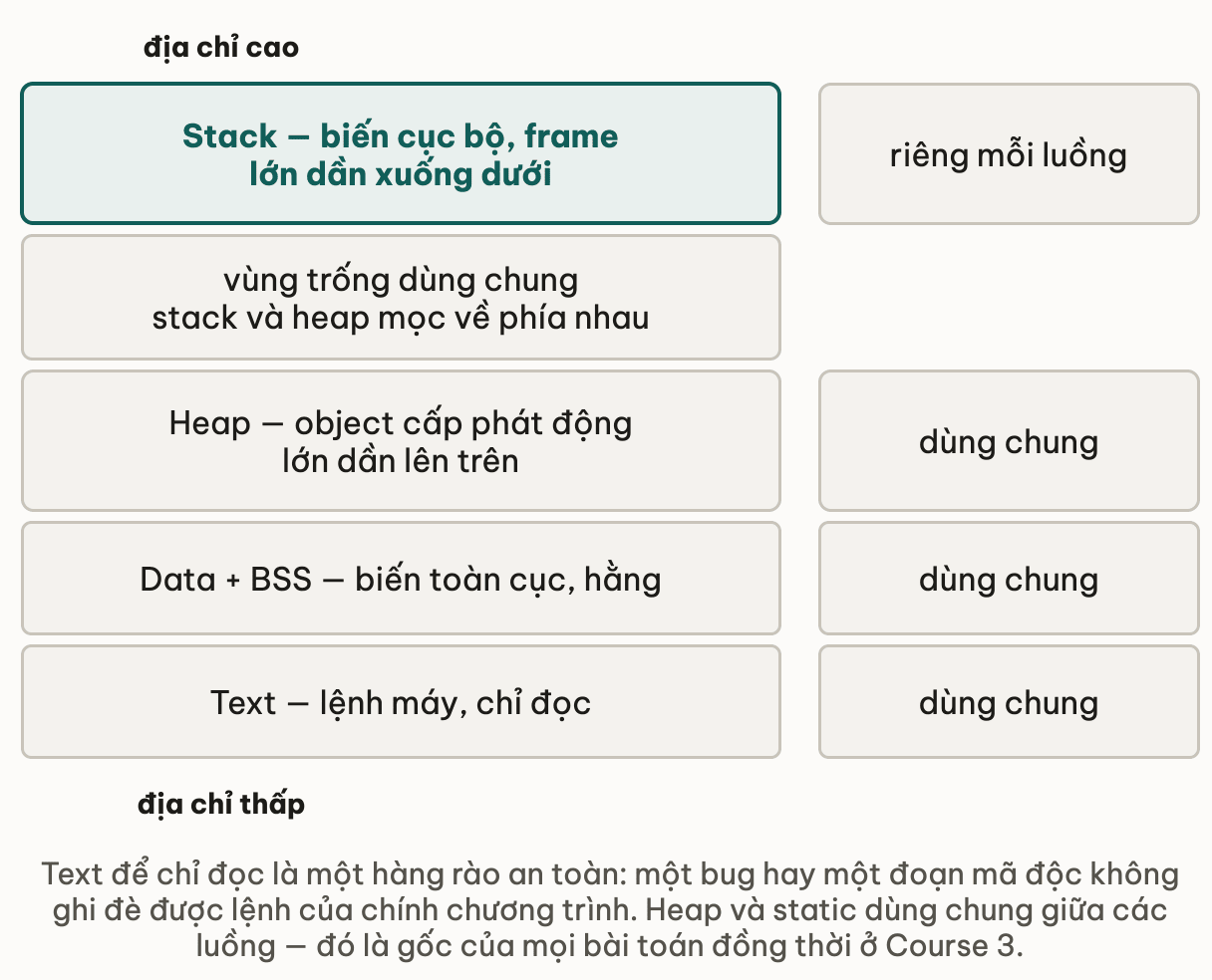 Bản đồ không gian địa chỉ một tiến trình theo trục dọc từ địa chỉ cao xuống thấp: stack chứa biến cục bộ và frame, lớn dần xuống dưới và riêng mỗi luồng; vùng trống dùng chung ở giữa vì stack và heap mọc về phía nhau; heap chứa object động lớn dần lên trên và dùng chung; rồi tới data với BSS chứa biến toàn cục và hằng; dưới cùng là text chứa lệnh máy chỉ đọc
