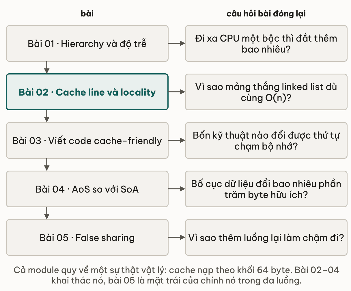 Năm bài của module kèm câu hỏi mỗi bài đóng lại: hierarchy và độ trễ trả lời đi xa CPU một bậc thì đắt thêm bao nhiêu; cache line và locality trả lời vì sao mảng thắng linked list dù cùng O(n); code cache-friendly trả lời bốn kỹ thuật nào đổi được thứ tự chạm bộ nhớ; AoS so với SoA trả lời bố cục đổi bao nhiêu phần trăm byte hữu ích; false sharing trả lời vì sao thêm luồng lại làm chậm đi
