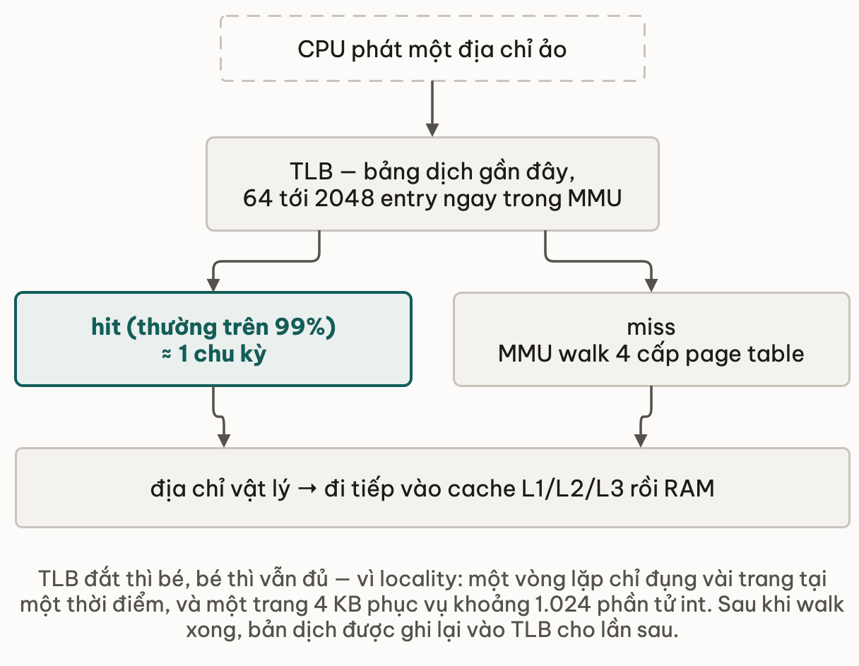 Đường đi của một địa chỉ ảo do CPU phát ra: hỏi TLB trước, nếu hit — thường trên 99% — thì tốn khoảng 1 chu kỳ; nếu miss thì MMU phải walk 4 cấp page table; cả hai nhánh đều cho ra địa chỉ vật lý rồi đi tiếp vào cache L1, L2, L3 và RAM