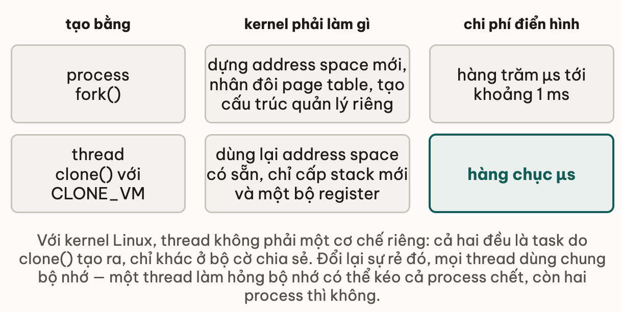 Hai cách tạo luồng thực thi so theo việc kernel phải làm và chi phí: tạo process bằng fork thì kernel phải dựng address space mới, nhân đôi page table và tạo cấu trúc quản lý riêng, tốn hàng trăm micro-giây tới khoảng 1 mili-giây; tạo thread bằng clone với cờ CLONE_VM thì dùng lại address space có sẵn, chỉ cấp stack mới và một bộ register, tốn hàng chục micro-giây