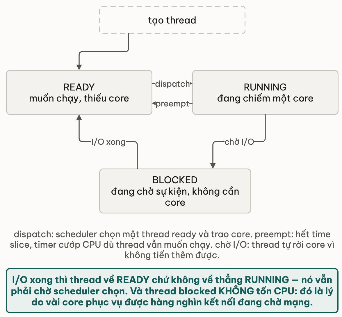 Máy trạng thái ba trạng thái của một thread: từ lúc tạo thread vào READY là muốn chạy nhưng thiếu core; dispatch đưa sang RUNNING đang chiếm một core; preempt đẩy ngược về READY khi hết time slice; chờ I/O đưa sang BLOCKED đang chờ sự kiện và không cần core; I/O xong thì quay lại READY chứ không về thẳng RUNNING