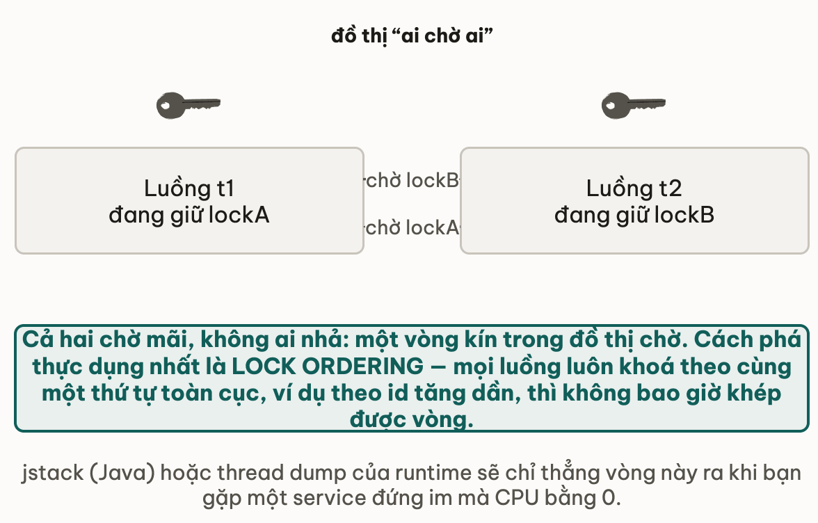 Đồ thị ai chờ ai giữa hai luồng: luồng t1 đang giữ lockA và chờ lockB, luồng t2 đang giữ lockB và chờ lockA — hai mũi tên ngược chiều khép thành một vòng kín, chữ ký hình học của deadlock; cách phá thực dụng nhất là lock ordering, mọi luồng luôn khoá theo cùng một thứ tự toàn cục