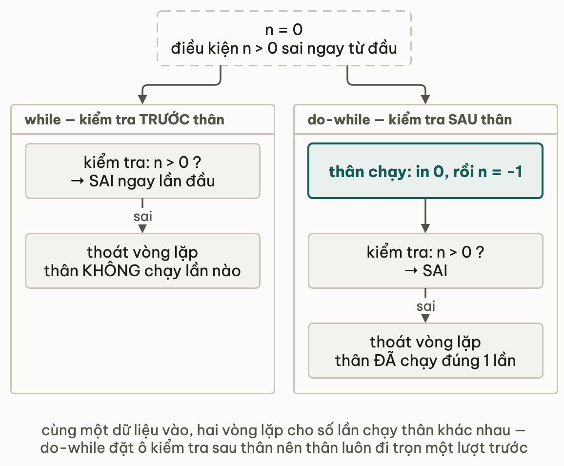 Hai cột so sánh while và do-while với n bằng 0, cột while thoát ngay còn cột do-while chạy thân một lần rồi mới kiểm tra