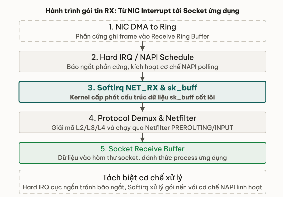 Hành trình gói tin RX: Từ NIC Interrupt tới Socket ứng dụng