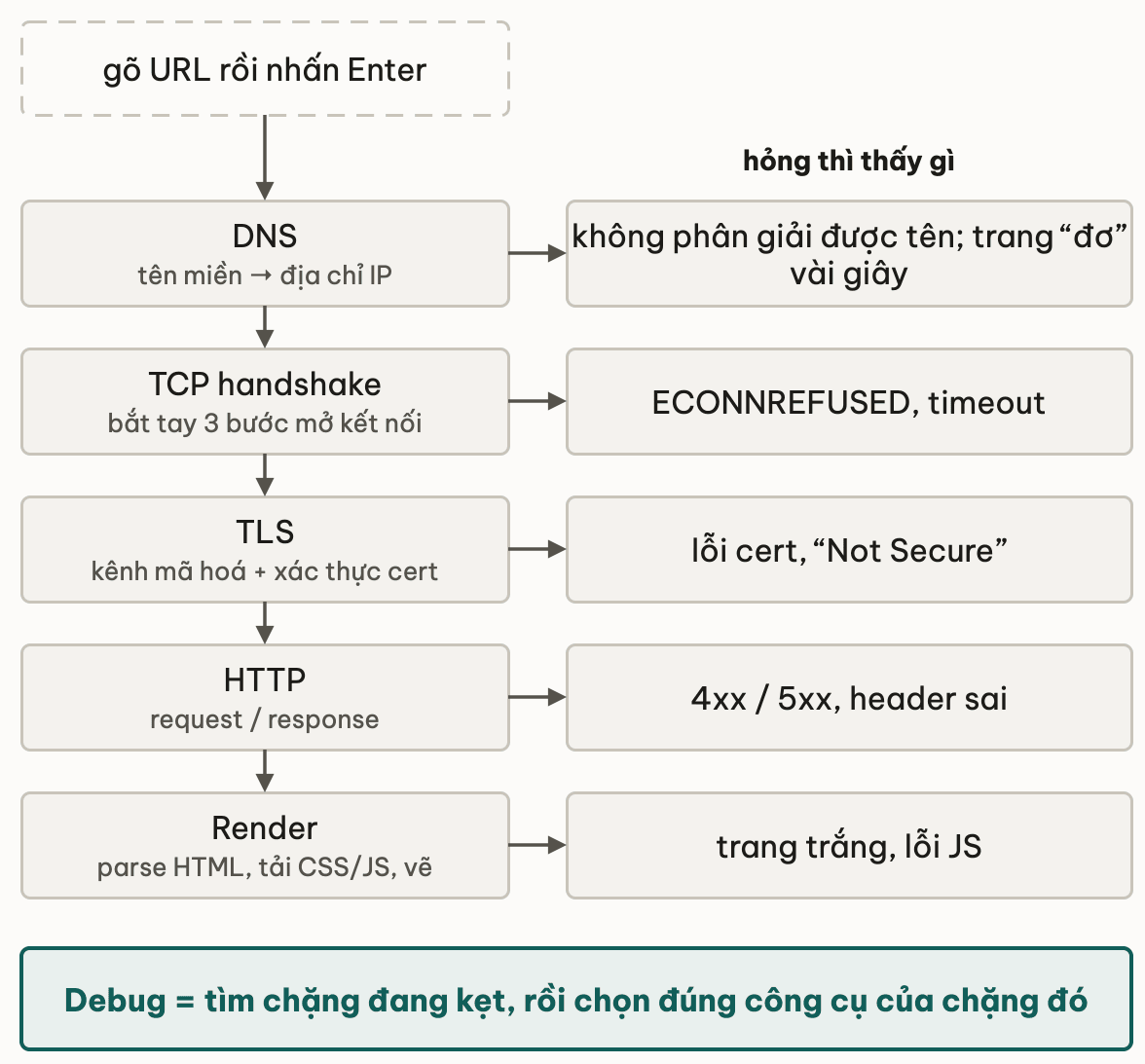 Năm chặng của một request xếp dọc từ lúc gõ URL: DNS đổi tên miền thành IP, TCP handshake mở kết nối, TLS mã hoá và xác thực cert, HTTP trao đổi request response, Render vẽ trang — cạnh mỗi chặng là triệu chứng khi nó hỏng, kết bằng câu debug là tìm chặng đang kẹt rồi chọn đúng công cụ