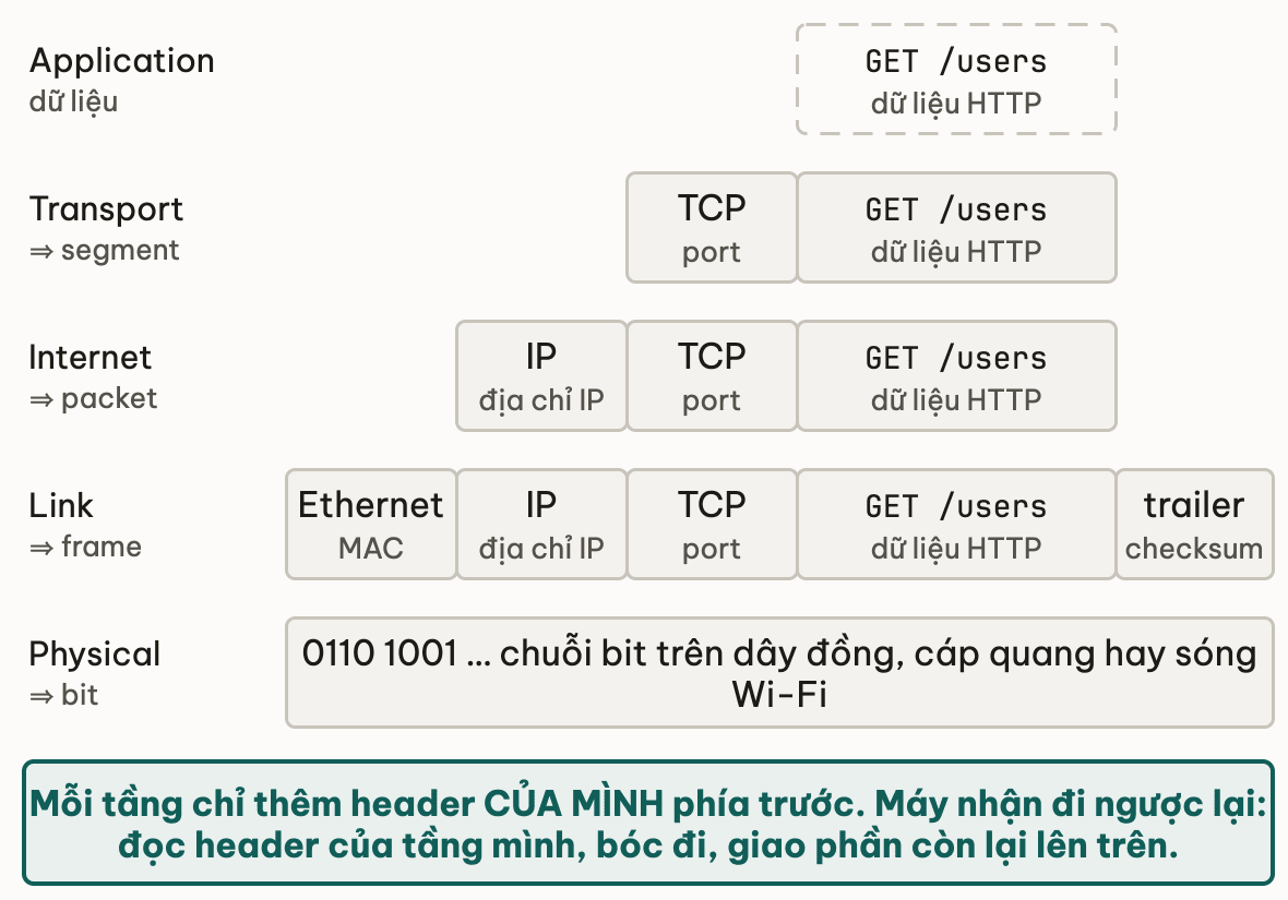 Encapsulation vẽ như phong bì bọc dần: tầng Application chỉ có dữ liệu GET /users; Transport thêm header TCP mang port thành segment; Internet thêm header IP mang địa chỉ IP thành packet; Link thêm header Ethernet mang MAC và trailer checksum thành frame; Physical phát thành chuỗi bit trên dây đồng, cáp quang hay sóng Wi-Fi