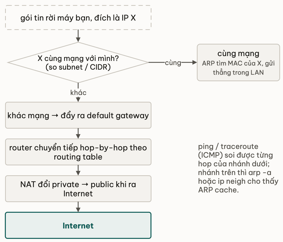 Cây quyết định hành trình một gói tin: gói rời máy với đích IP X, hỏi X có cùng mạng không theo subnet CIDR; cùng mạng thì ARP tìm MAC rồi gửi thẳng trong LAN; khác mạng thì đẩy ra default gateway, router chuyển hop-by-hop theo routing table, NAT đổi private thành public, ra Internet