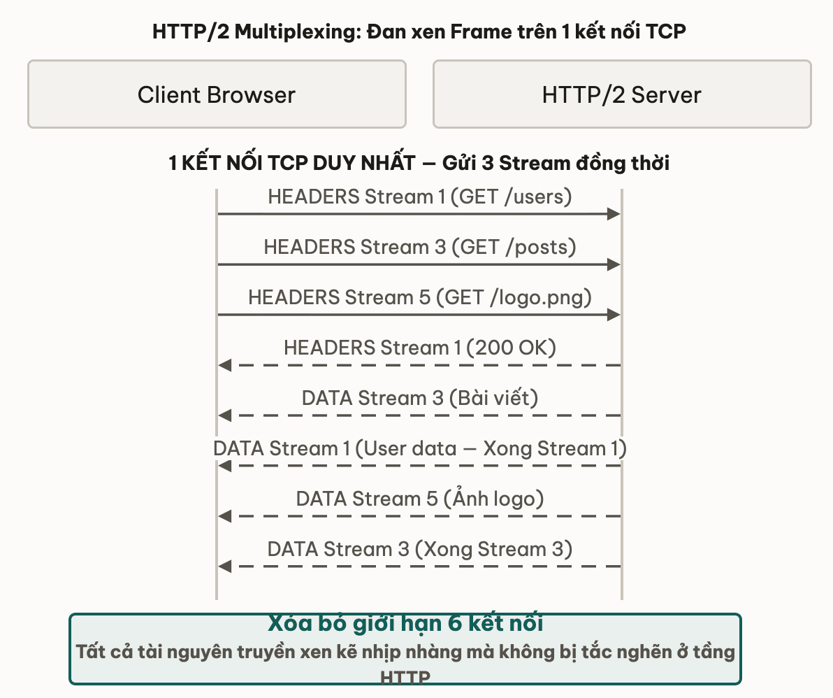 HTTP/2 Multiplexing: Đan xen Frame trên 1 kết nối TCP