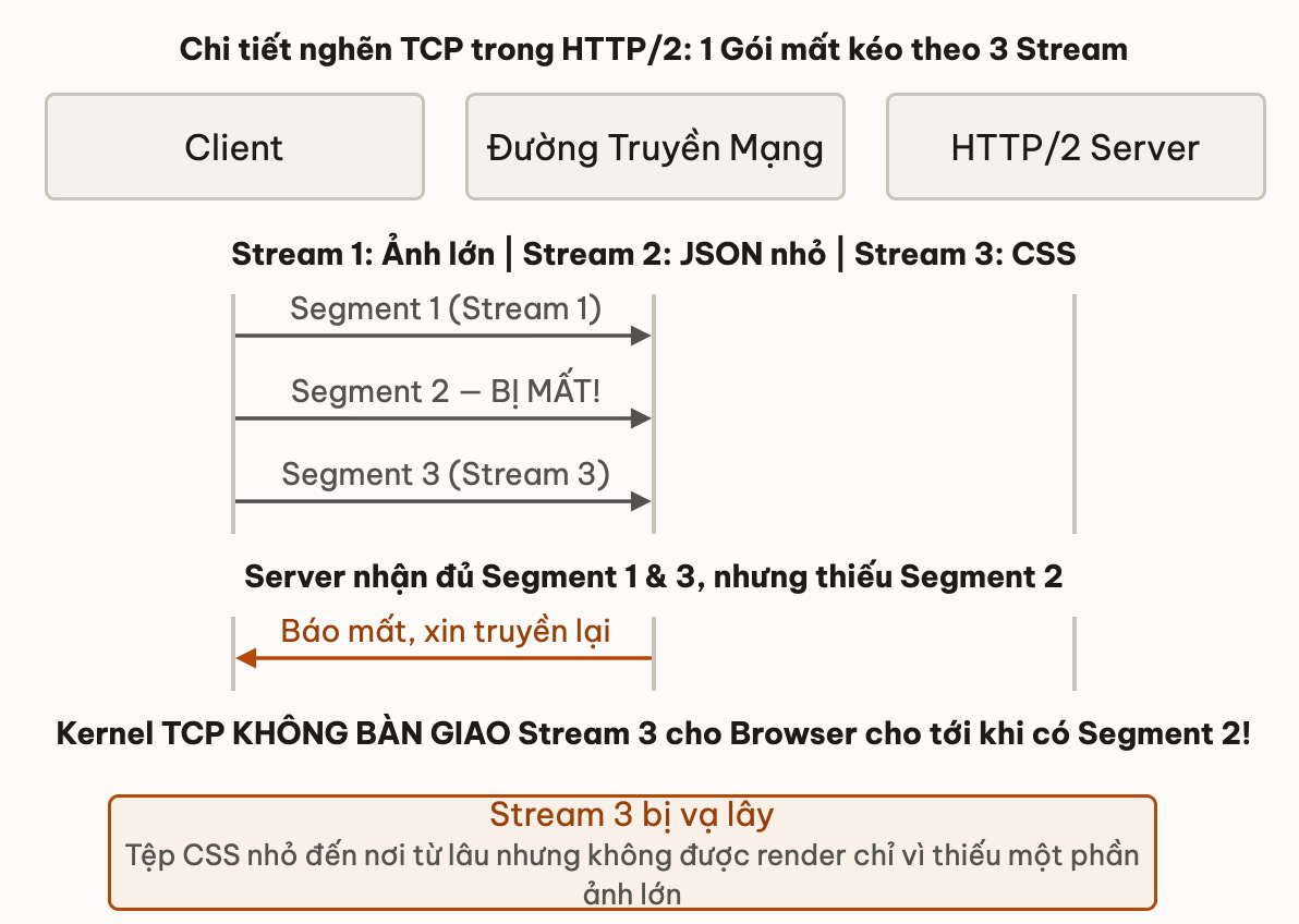TCP Head-of-Line Blocking trong HTTP/2: Mất 1 packet làm nghẽn toàn bộ streams
