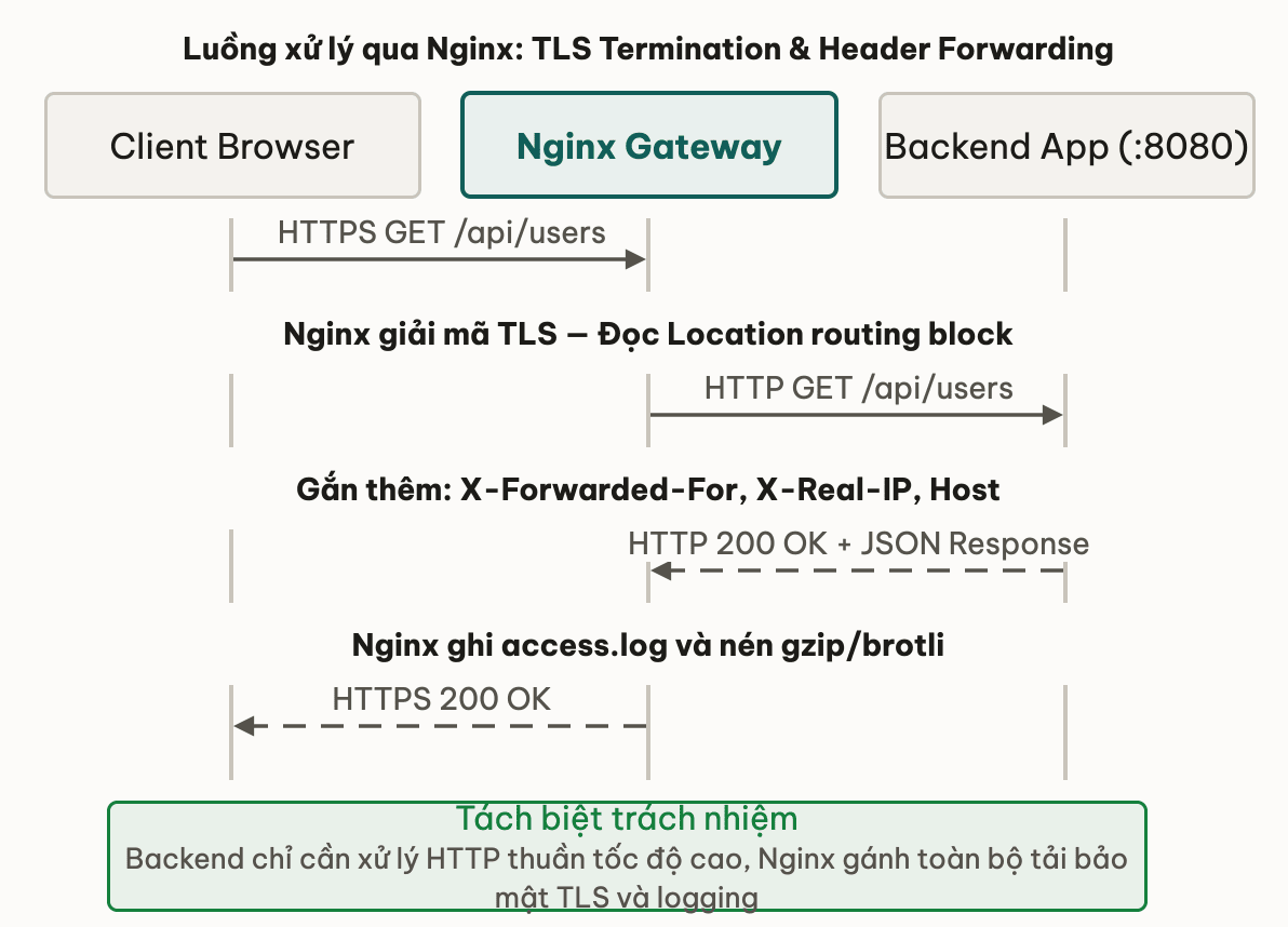 Luồng xử lý Request qua Nginx Reverse Proxy: TLS Termination và Forward Upstream
