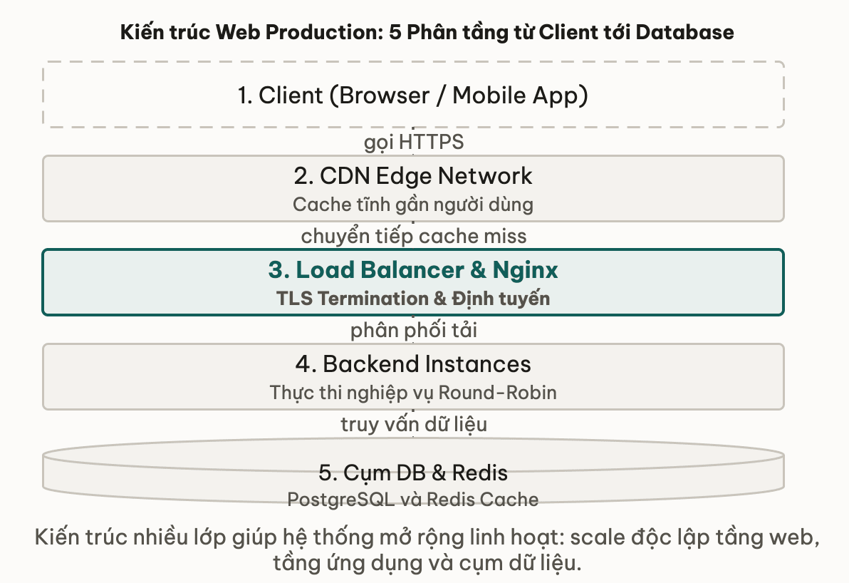 Kiến trúc Web nhiều tầng trong môi trường Production: Từ CDN, LB, Nginx đến App và Database