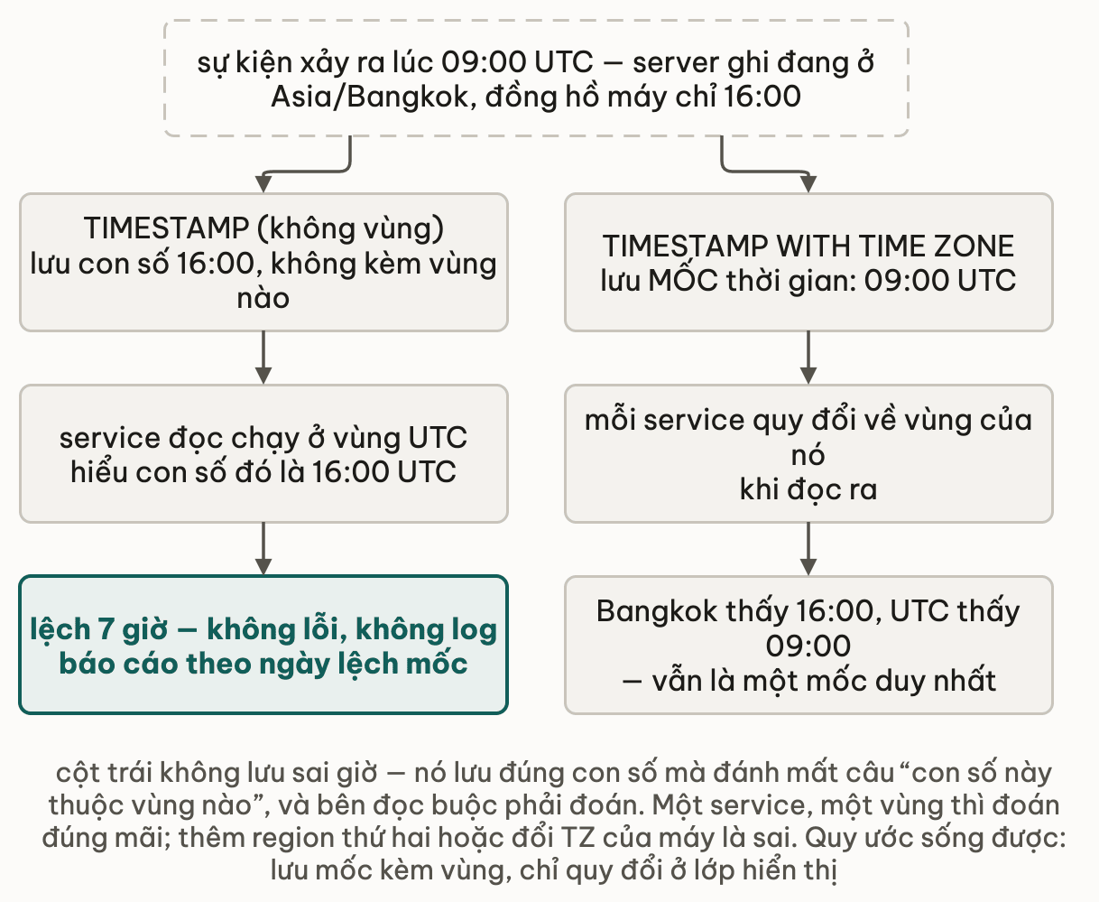 Sự kiện lúc 09:00 UTC do server ở Asia/Bangkok ghi khi đồng hồ máy chỉ 16:00, rẽ hai nhánh: TIMESTAMP không vùng lưu con số 16:00 không kèm vùng nào nên service đọc ở UTC hiểu là 16:00 UTC và lệch 7 giờ mà không có lỗi hay log; TIMESTAMP WITH TIME ZONE lưu mốc 09:00 UTC nên mỗi service quy đổi về vùng của nó, Bangkok thấy 16:00 và UTC thấy 09:00 nhưng vẫn là một mốc duy nhất