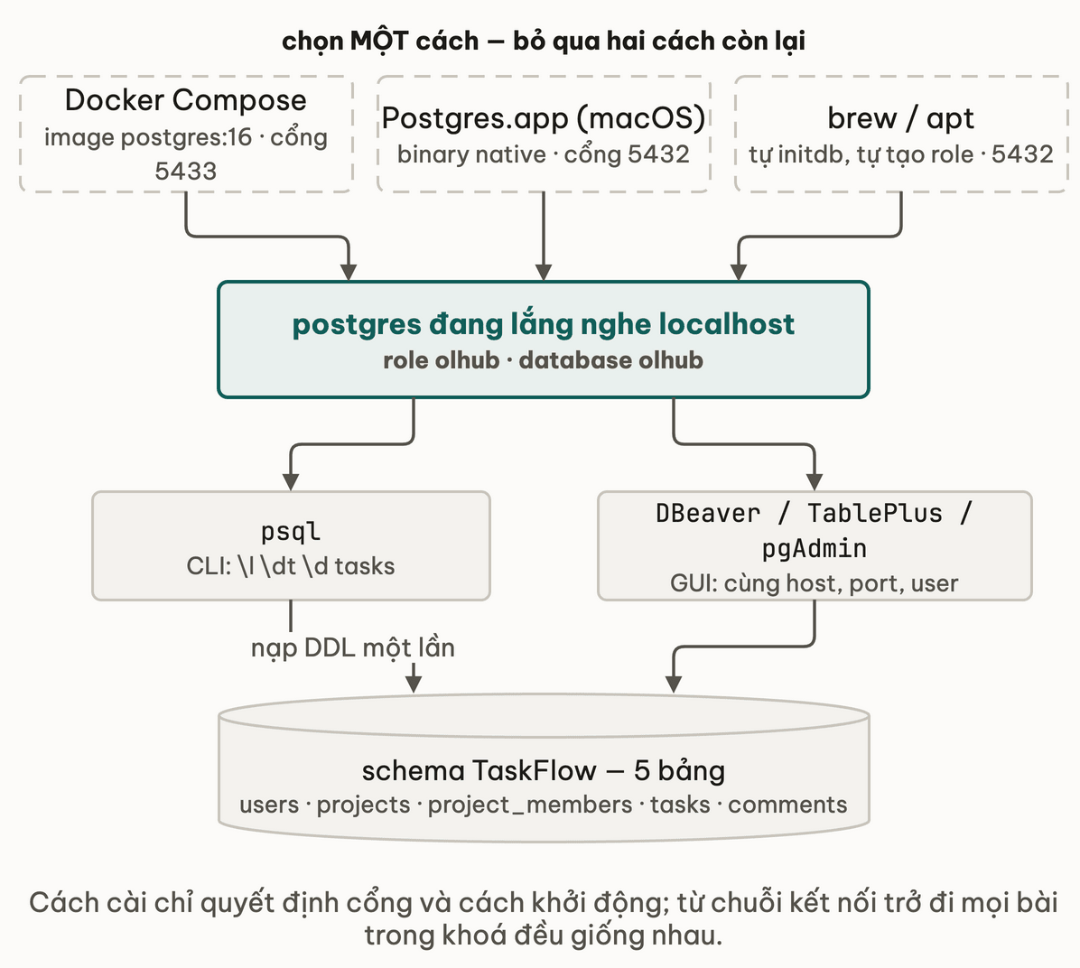 Ba cách cài Docker Compose, Postgres.app và brew hoặc apt đều đổ về một tiến trình postgres lắng nghe localhost với role và database olhub; từ đó psql và GUI như DBeaver cùng kết nối, và schema TaskFlow 5 bảng chỉ nạp một lần