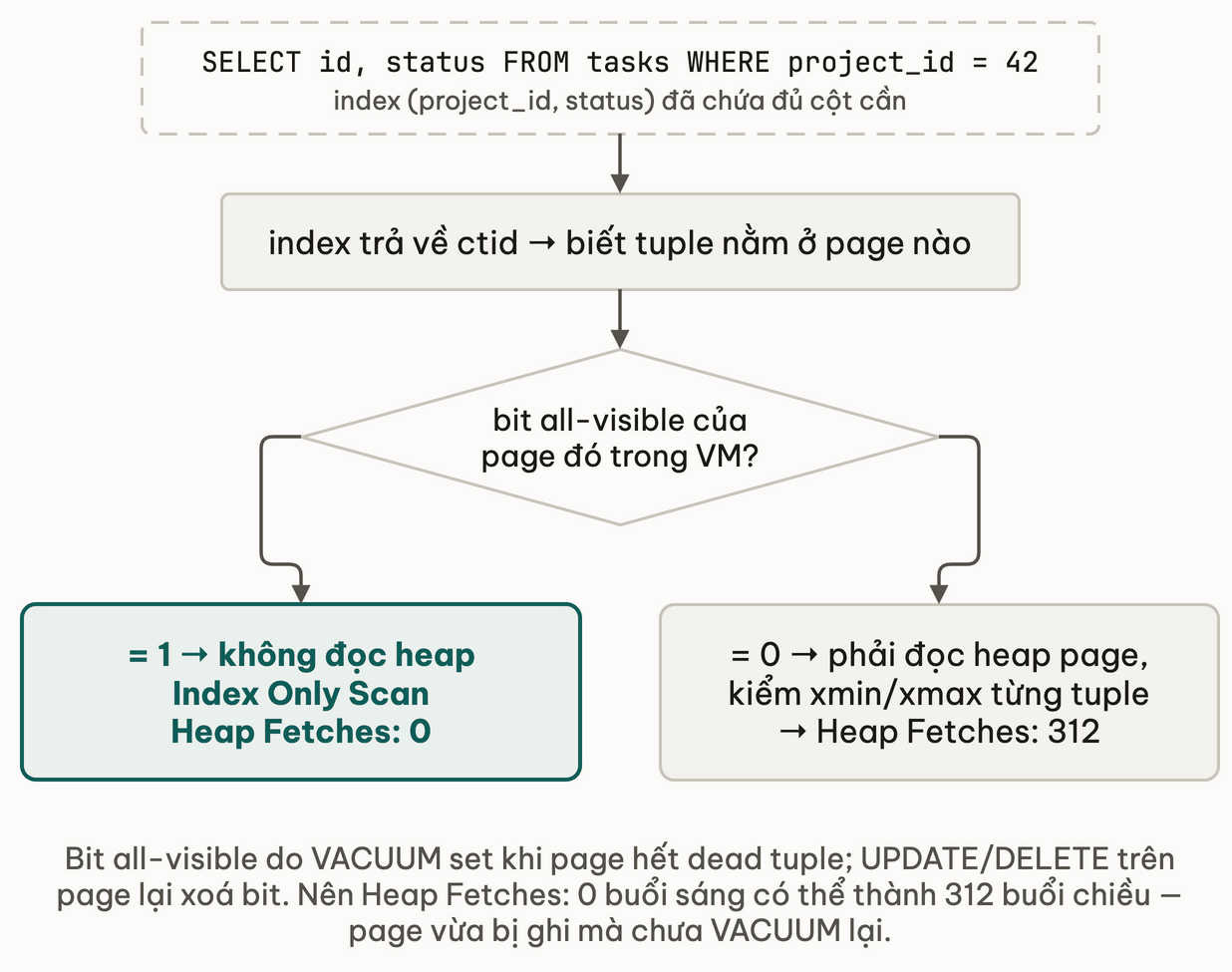 Cây quyết định Index Only Scan: query SELECT id, status WHERE project_id = 42 với index (project_id, status) đã chứa đủ cột; index trả về ctid nên biết tuple nằm ở page nào; rẽ theo bit all-visible của page đó trong VM — bằng 1 thì không đọc heap, Index Only Scan với Heap Fetches 0; bằng 0 thì phải đọc heap page và kiểm xmin xmax từng tuple, Heap Fetches 312