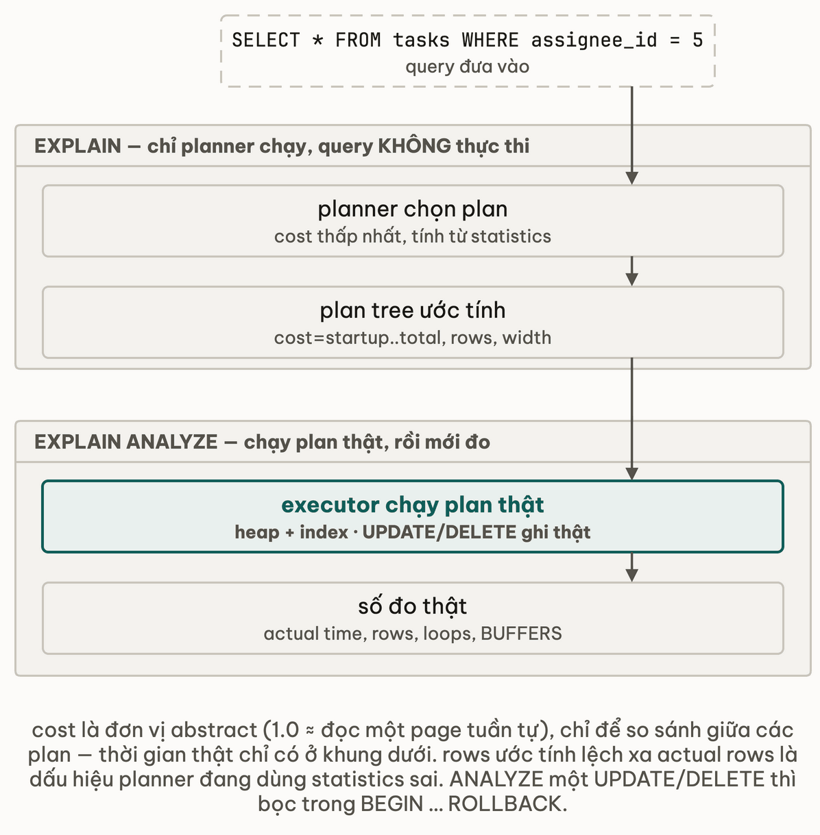 Pipeline hai khung: EXPLAIN dừng sau planner với plan tree và cost ước tính, EXPLAIN ANALYZE chạy tiếp qua executor rồi mới đo actual time, actual rows, loops và BUFFERS
