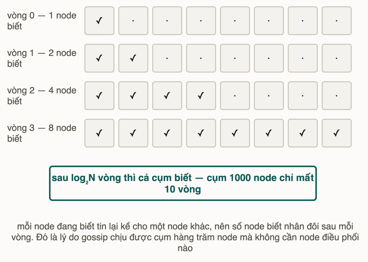 Bốn hàng tám ô: số node biết tin nhân đôi sau mỗi vòng, từ 1 lên 2 lên 4 lên 8