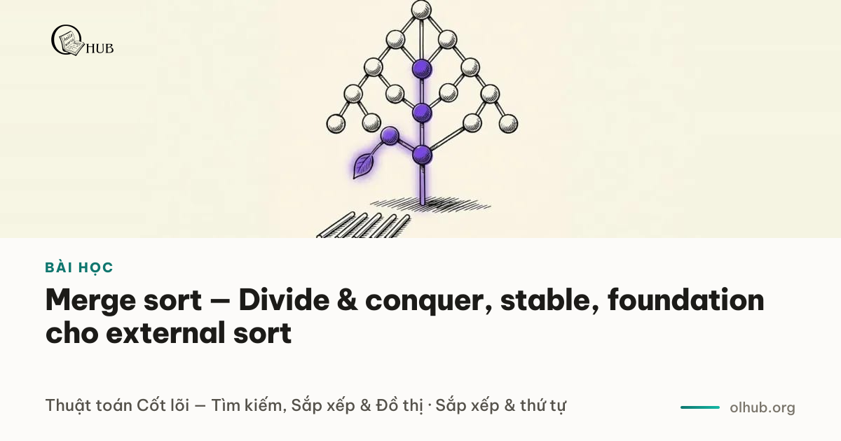 Merge sort — Divide & conquer, stable, foundation cho external sort